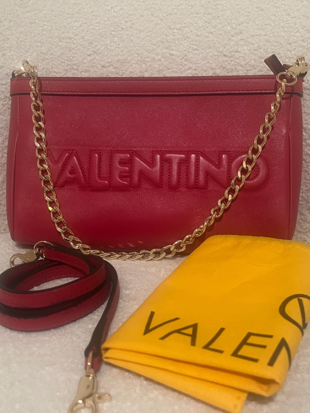 Valentino Red Embossed Leather Chain Crossbody with Gold Hardware